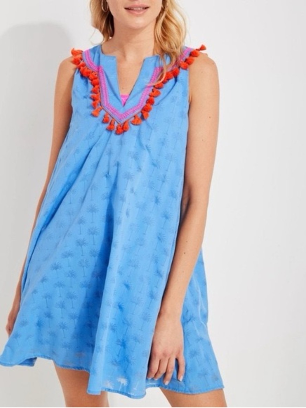 Vineyard Vines Sky Blue Mini Dress with Pink Neckline and Orange Tassels